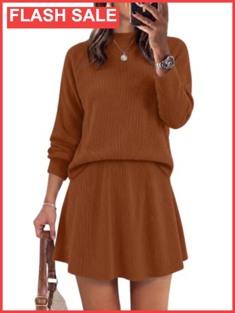 2 Piece Sweater Skirt Set Mock Neck High Waisted A-Line Lightweight